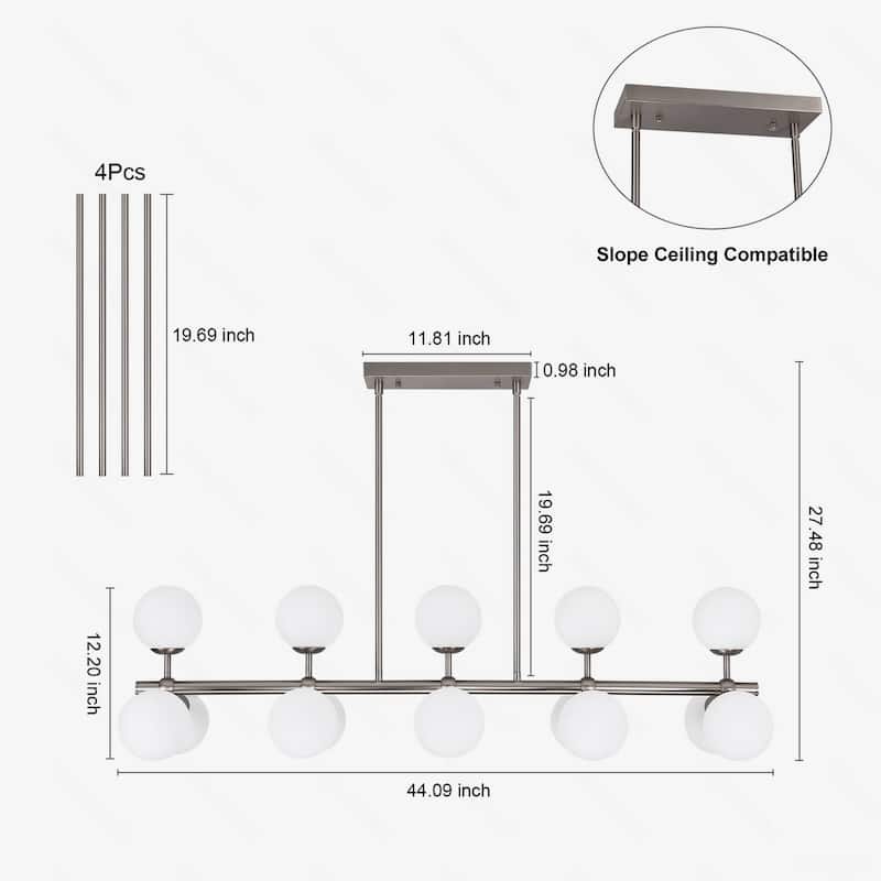 44in W Linear Mid Century Modern Chandelier 15 Light Gold Brass Sputnik Pendant Light with Frosted Glass Globe for Dining Room