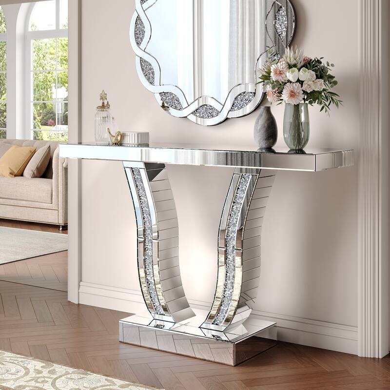 Roomfitters 43" Mirrored Console Table, Modern Silver Entryway Sofa Table with Curved Stone-Inlaid Legs, Silver