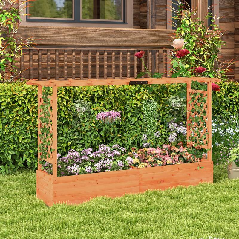 Gymax Raised Garden Bed w/ 2-Sided Trellis & Hanging Roof Fir Wood