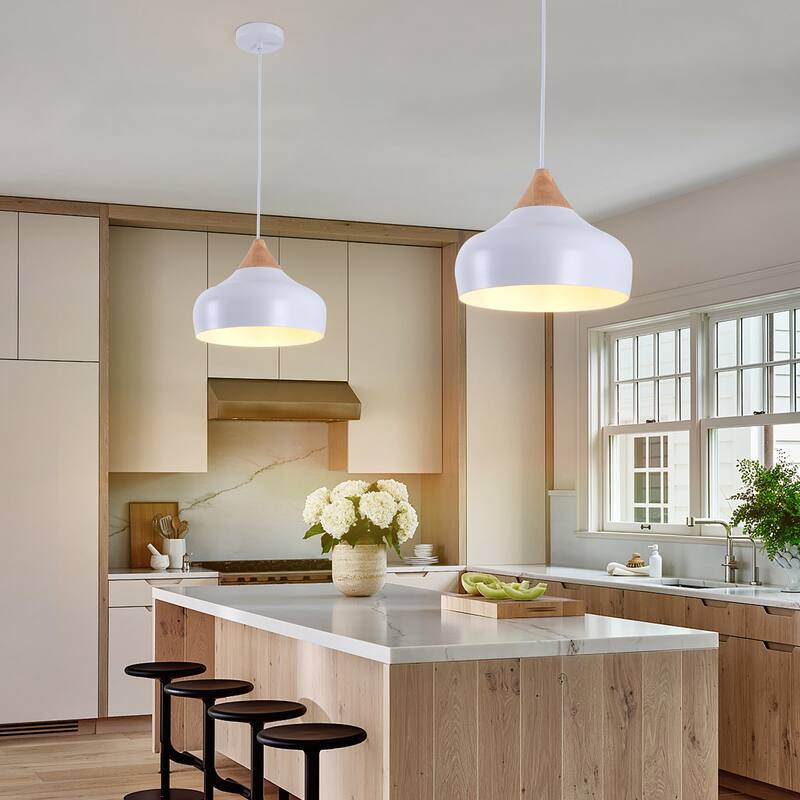 Aurora 13 in. 60-Watt 1-Light Pendant Light with Metal Round Shade and Natural Rubber Wood Top