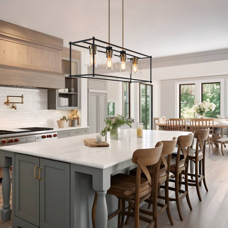 Torin Modern Farmhouse 4-Light Black Gold Rectangle Chandelier Glass Island Pendant Lights for Dining Room