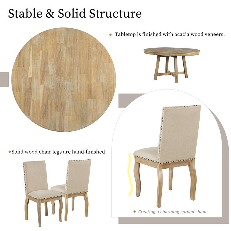 5-Piece Farmhouse Dining Table Set Wood Round Extendable Dining Table and 4 Upholstered Dining Chairs