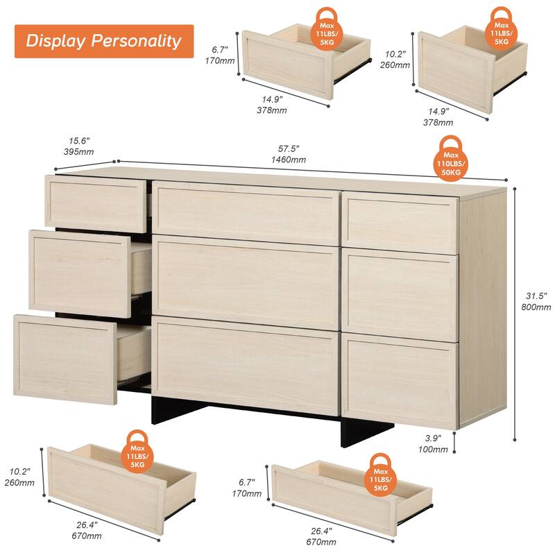 WAMPAT Modern Sideboard Buffet Cabinet with 9 Drawers, Multifunctional Sideboard with Large Storage and T-Shaped Legs