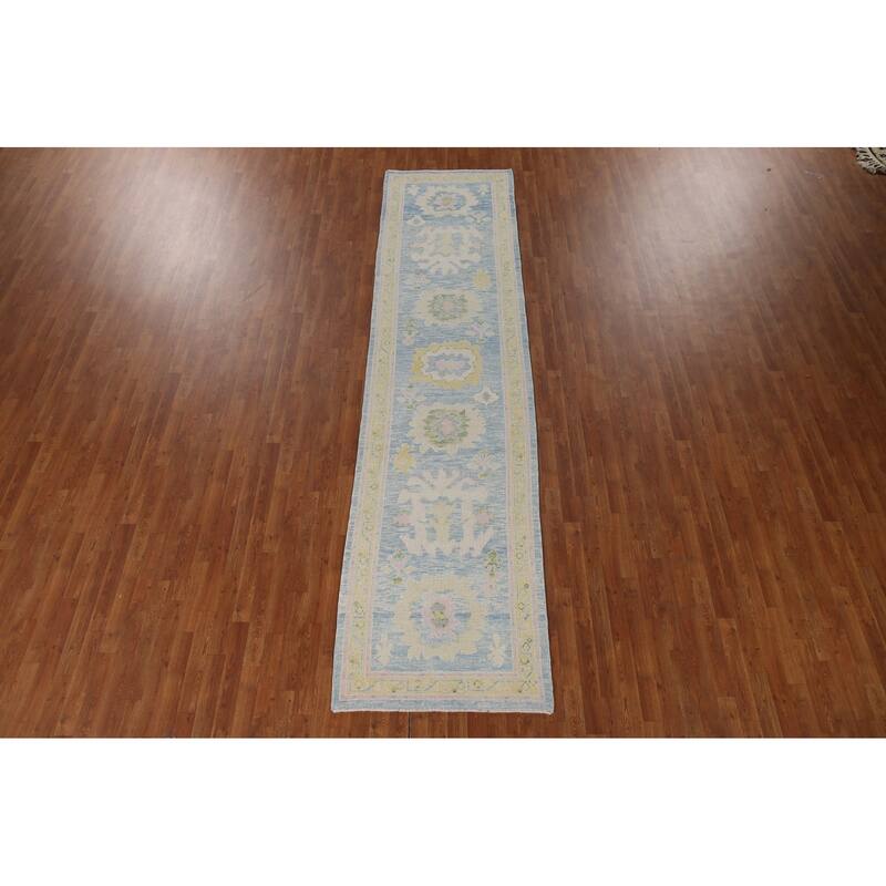 Vegetable Dye Oushak Turkish Runner Rug Hand-knotted Blue Wool Carpet - 3'3"x 12'10"