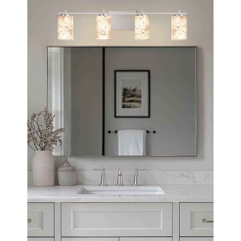 Justice Design Alabaster Rocks! Era 4-light Brushed Nickel Bath Bar, Alabaster Rocks Square w/ Flat Rim Shade - Brushed Nickel - Brushed Nickel