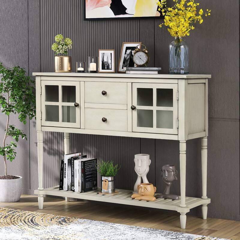 Wood Console Table with Bottom Shelf and Glass Cabinet