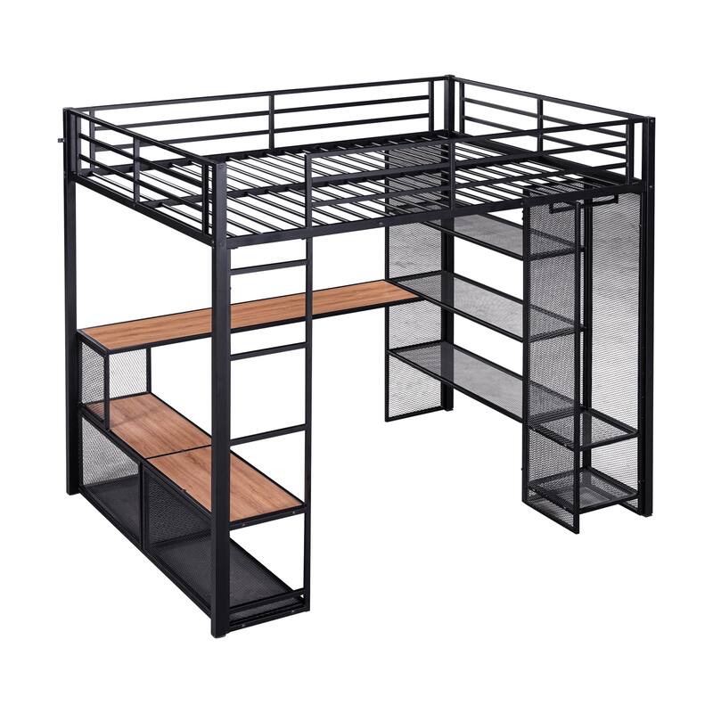 Heavy Duty Metal Bed Frame, Full Size Loft Bed with Storage Iron Mesh and MDF Shelves and Open Wardrobe for Bedroom
