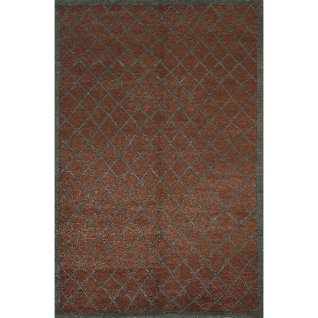 All-Over Brown Trellis Nepalese Oriental Rug Hand-Knotted Wool Carpet - 5'0"x 8'1"