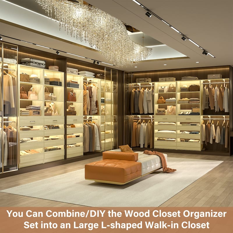 Set of 2 Closet System with Wooden Drawers and Hanging Rods, Closet Organizer with Adjustable Storage Shelves