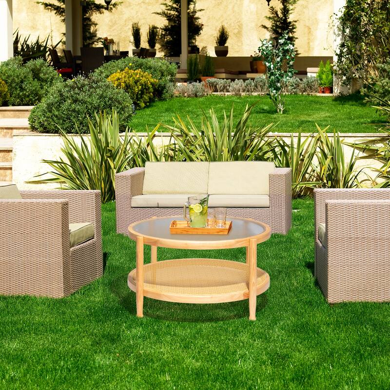 31.5in Rattan Coffee Table with Tempered Glass Top and Hand-Woven Shelf for Indoor Outdoor - 31.5” x 31.5” x 17.3”