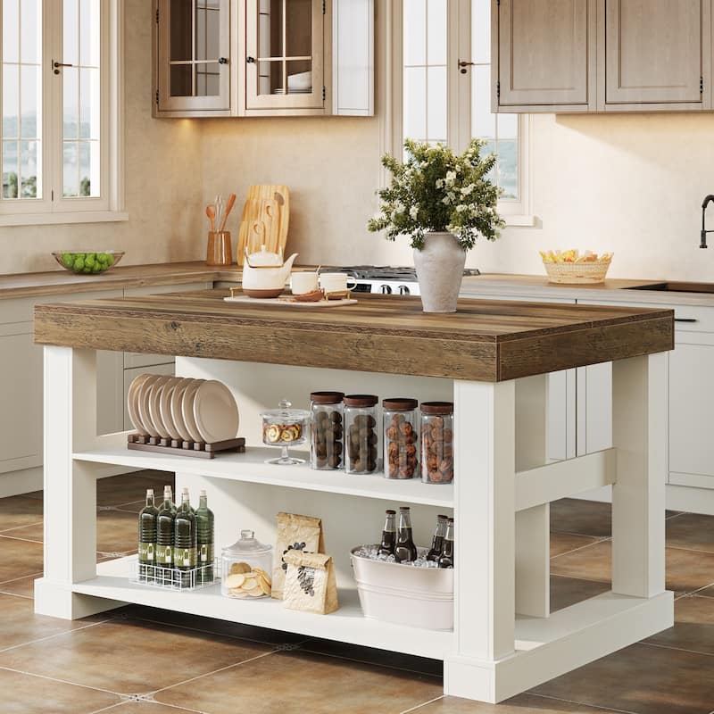 59 Inch Stationary Kitchen Island with Seating and Shelves, Farmhouse Style - 31.5" D x 55.12" W x 35.43" H - White+Brown