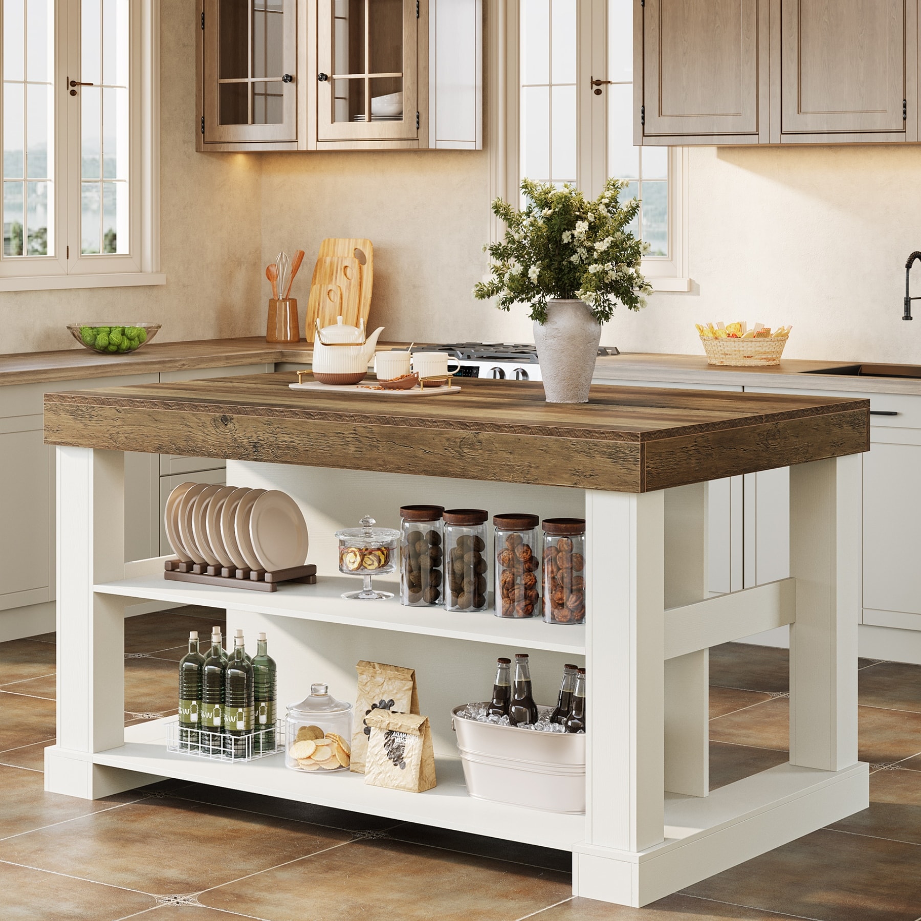 59 Inch Stationary Kitchen Island with Seating and Shelves, Farmhouse Style - 31.5" D x 55.12" W x 35.43" H