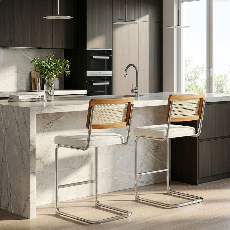 Set of 2 Ayers White Fabric Counter Stool with Rattan Backrest and Chrome Legs