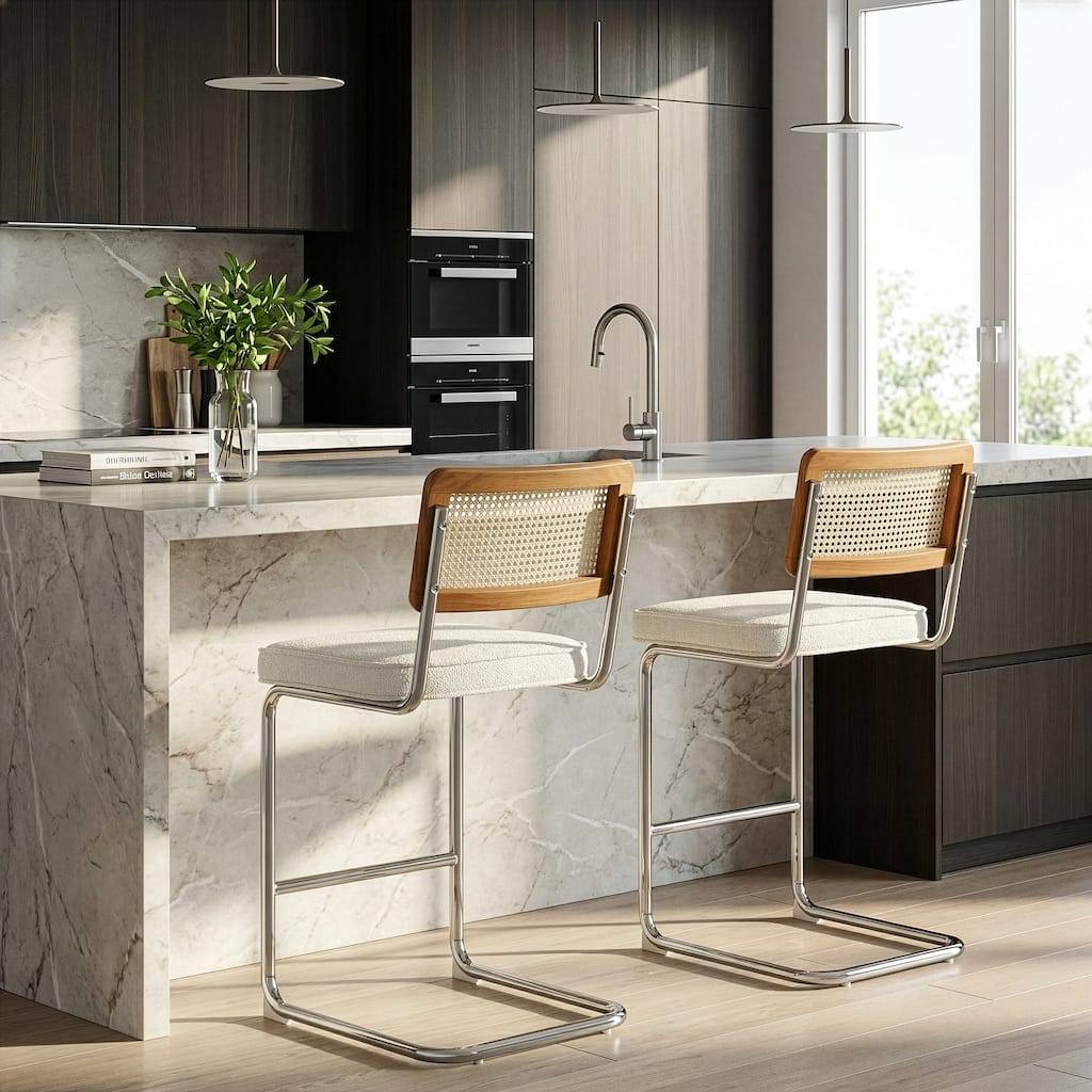 Set of 2 Ayers White Fabric Counter Stool with Rattan Backrest and Chrome Legs