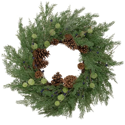 Pinecones and Blueberries Artificial Christmas Wreath 28-Inch Unlit - 28"