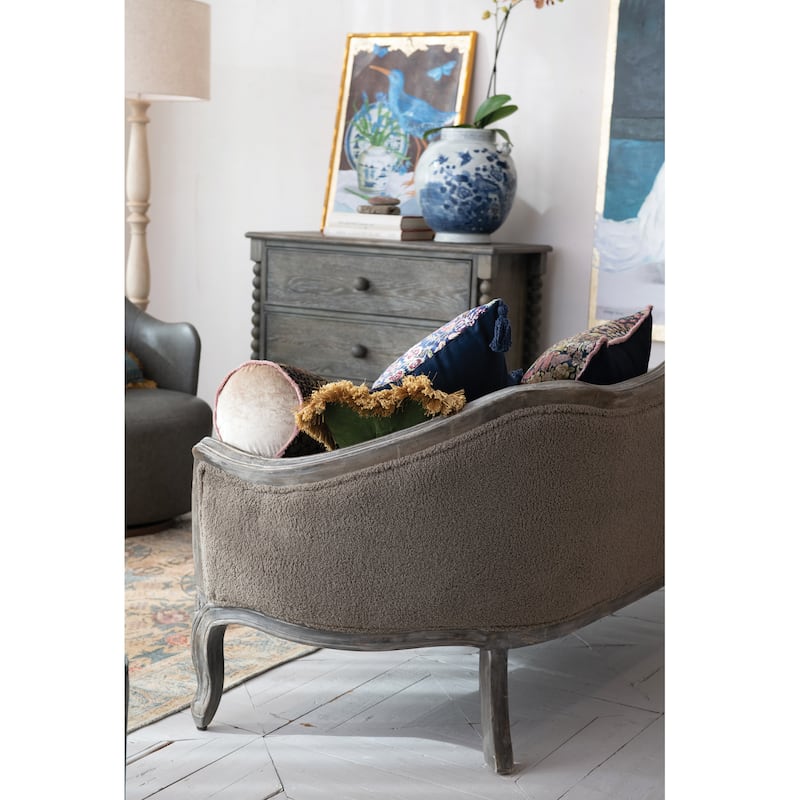 Bouclé Pintucked Sofa with Hand-Carved Mango Wood Frame