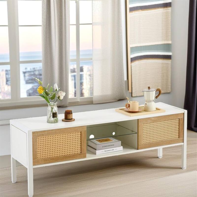 54.33" Rattan TV Console with Sliding Doors and Adjustable Shelf - 54 inches in width - White