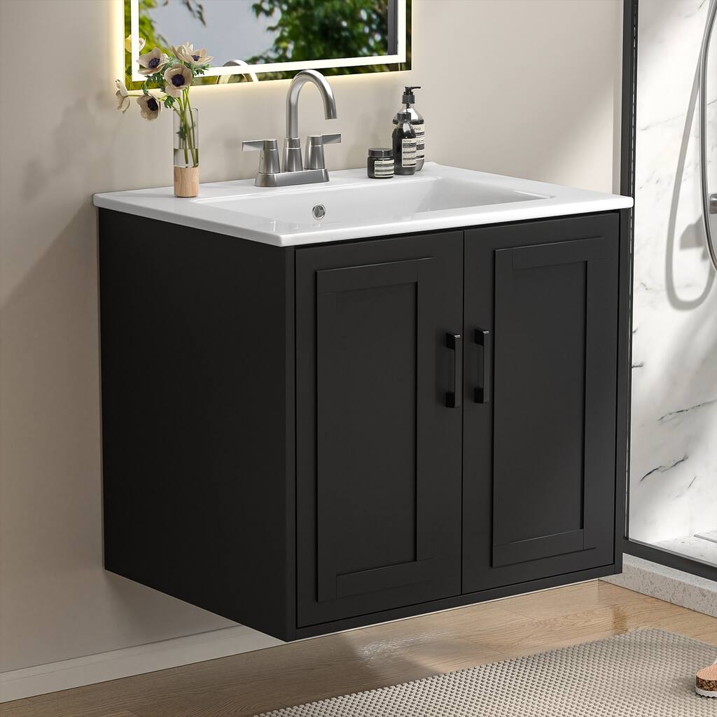 EROMMY Farmhouse Bathroom Vanity with Ceramic Top and Sliding Barn Door ...