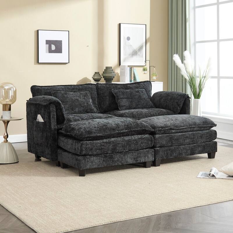 76.77" Chenille Upholstered Sofa with 2 Ottomans