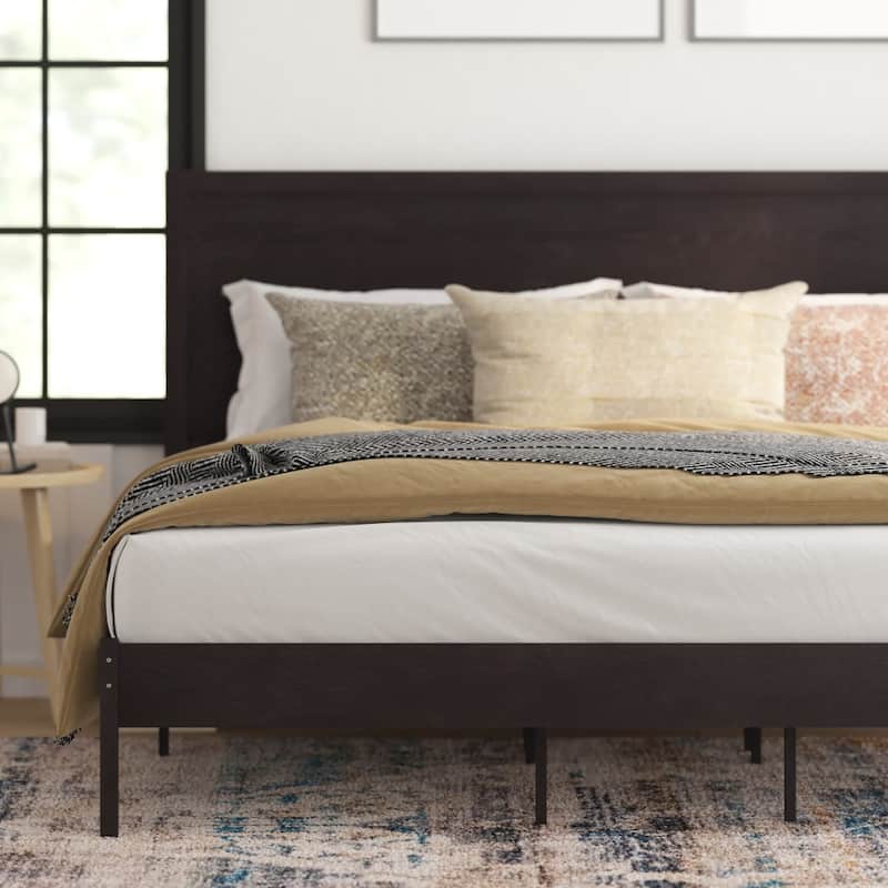 Solid Wood Platform Bed with Headboard and Wooden Slats