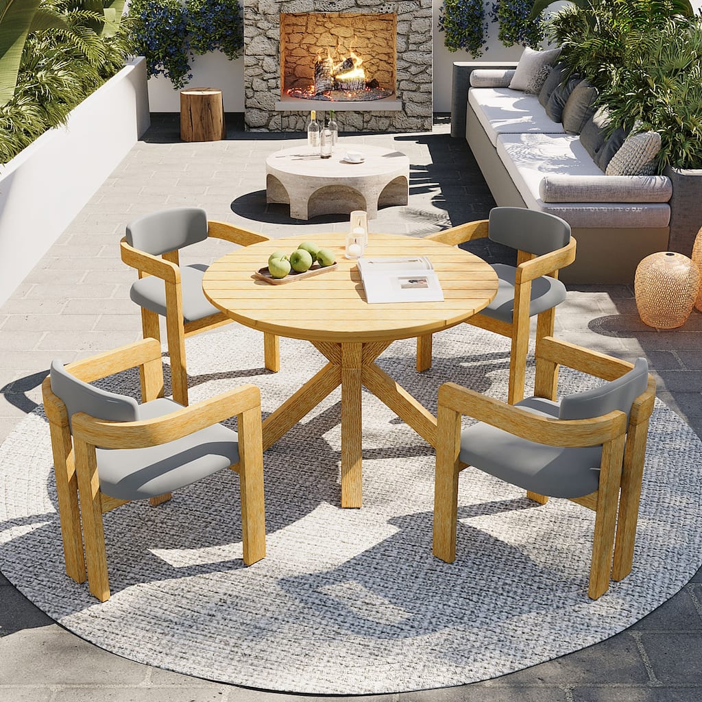 Christopher Knight Home - 5 Piece Patio Conversation Set with Acacia Wood Outdoor Round Dining and Barrel Cushioned Chairs