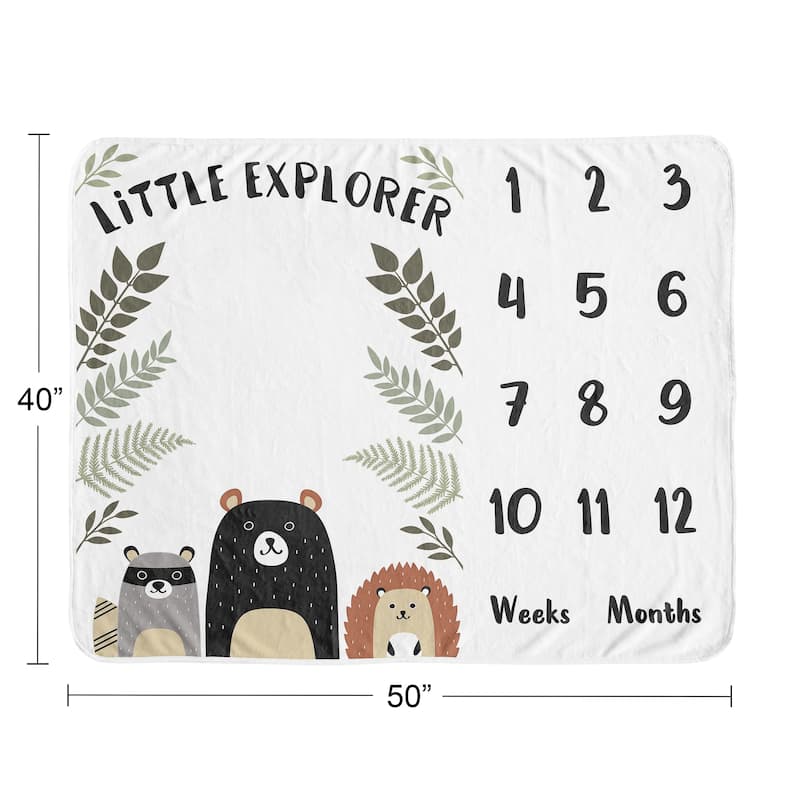 Woodland Animals Boy Girl Baby Monthly Milestone Blanket - Gender Neutral Beige Green Black and Grey Forest Pals Bear Racoon