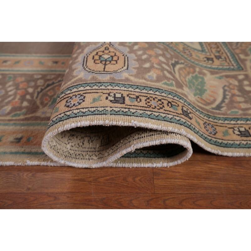 Brown Geometric Tabriz Vintage Persian Area Rug Handmade Wool Carpet - 9'4" x 12'5"