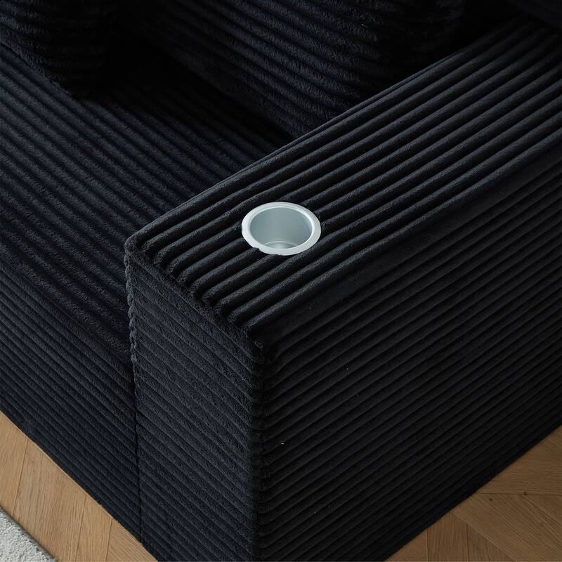 Modular Sectional Cloud Couch, Oversized Corduroy Fabric Deep Seat Sofa, Upholstered Sofa with Armrests & Cup Holders - Black