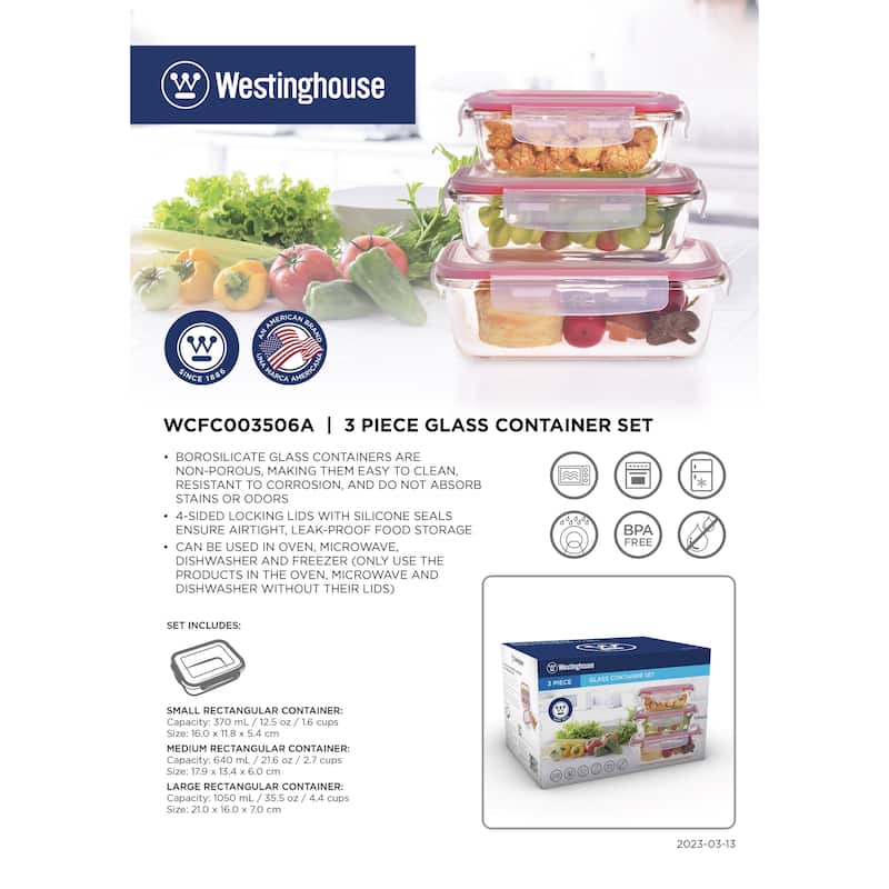 Westinghouse 3-Piece Glass Food Storage Container Set - 370 to 1050ml