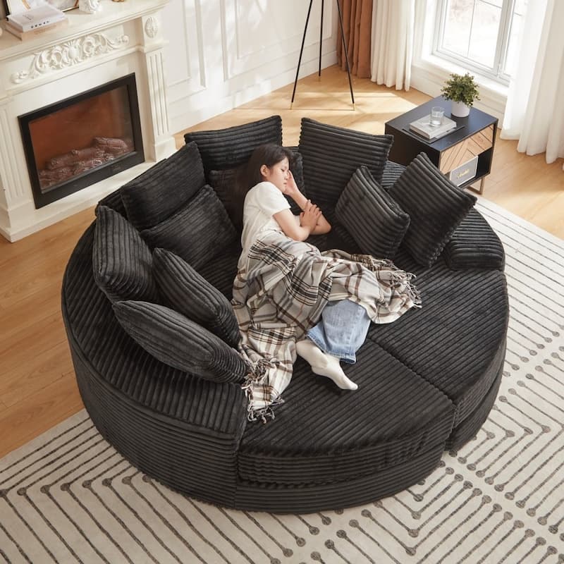 78.5" Corduroy Round Oversized 2-In-1 Sofa Bed, Neck Pillow Design With Four Throw Pillows - Black
