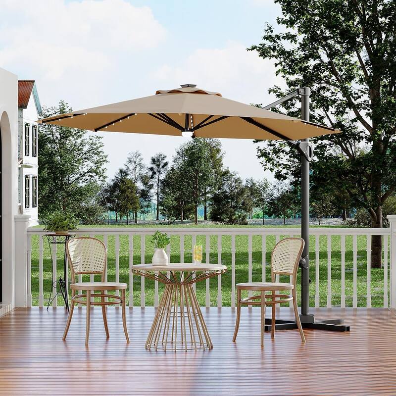 10FT Cantilever Patio Umbrella with Solar Lights, 360° Rotation Offset Umbrella