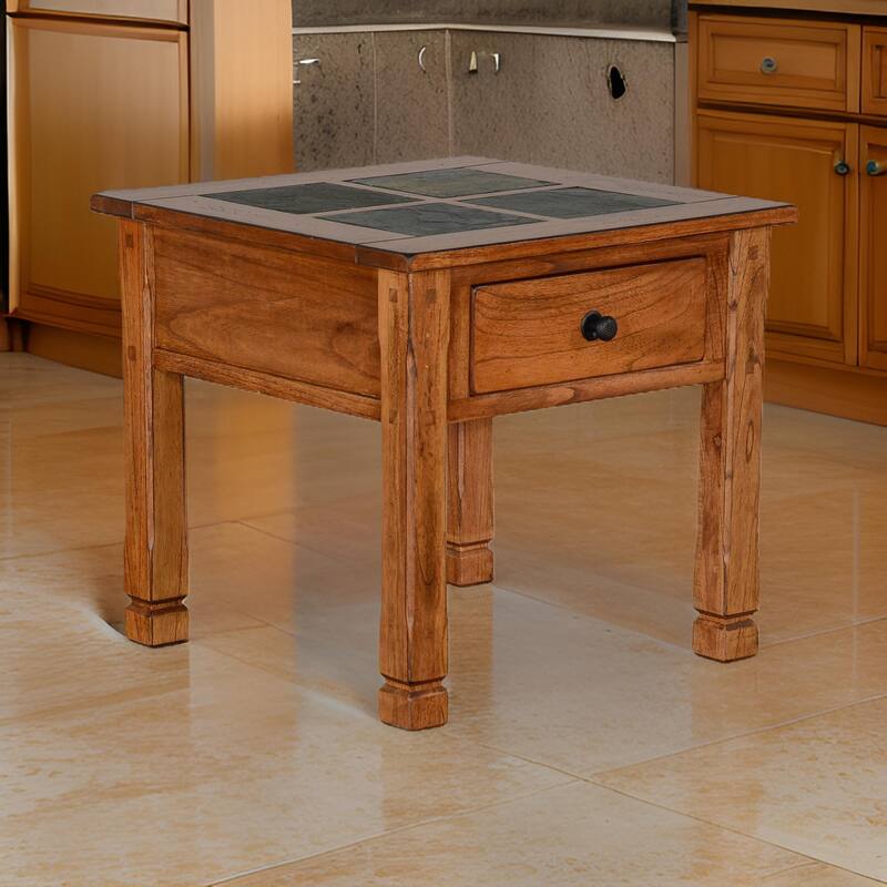 Marv Side End Table w Drawer, 26 Inch Square Slate Inlay Top, Brown