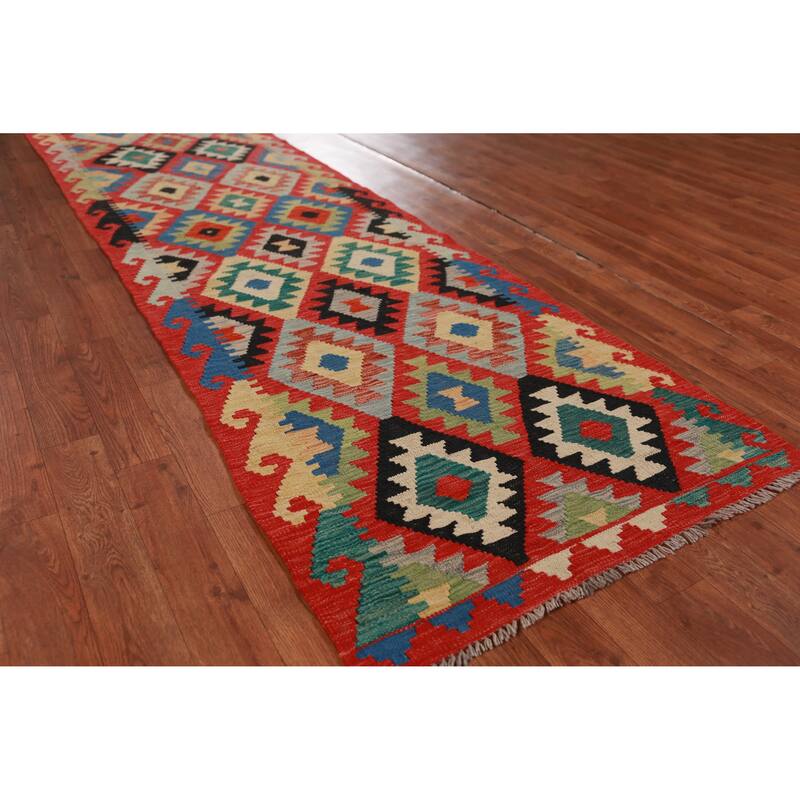 Hand Woven Oriental 100% Wool Carpet Southwestern All-Over Oranges & Rust Kilim Runner Rug - 13' 1'' X 2' 6''