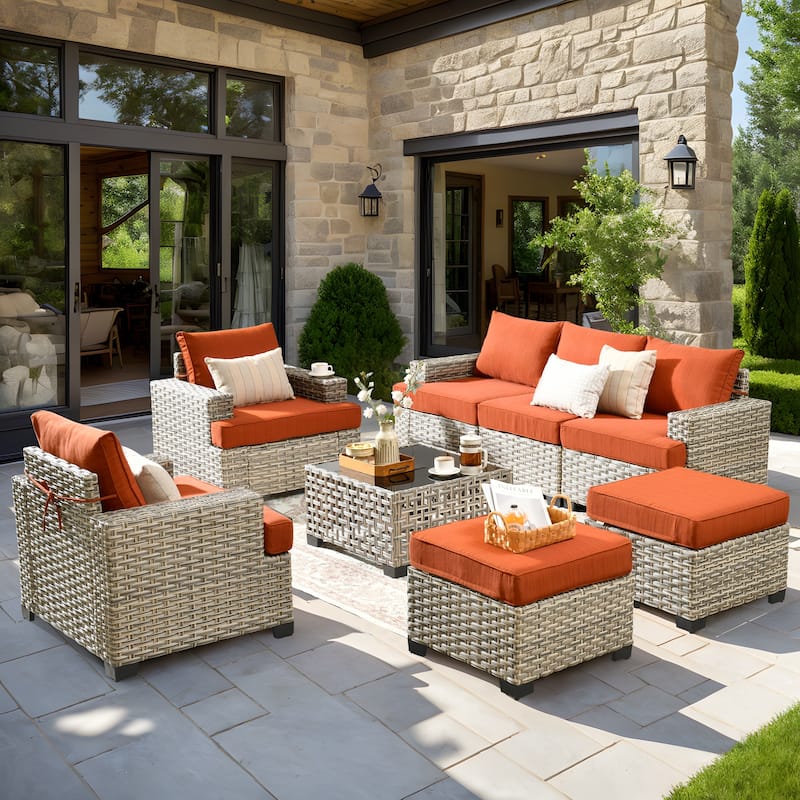 XIZZI 8-piece Patio Furniture Outdoor Rattan Conversation Set - Red/Orange
