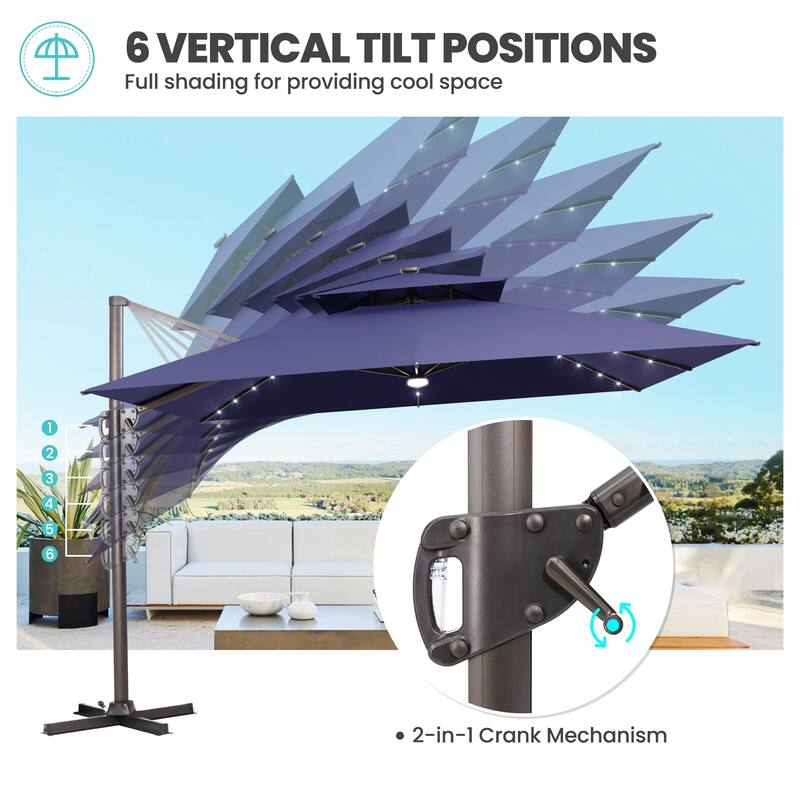 11FT Outdoor Patio Cantilever Umbrella with LED Lights Double Vented Umbrella with Base