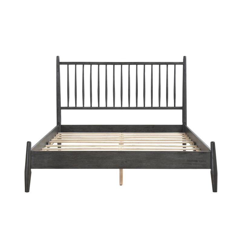 Mid-Century Modern Full Platform Bed with Vertical Slats Headboard, Gray Finish, No Box Spring Needed