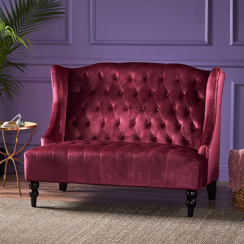 Wine Red 50.25" Velvet Button Tufted High Wingback Loveseat Sofa with Wood Legs for Living Room