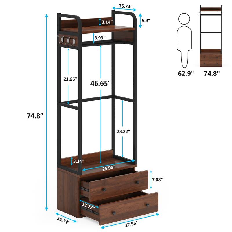 Clothes Shelf Coat Garment Rack Closet Organizer System with Drawers