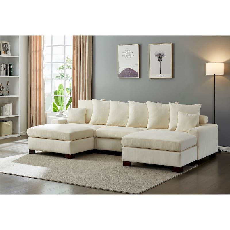 5 Seater Convertible L & U Shaped Corduroy Sofa, Beige, 116x65x35 inches, 253 pounds