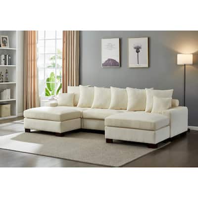5 Seater Convertible L & U Shaped Corduroy Sofa, Beige, 116x65x35 inches, 253 pounds
