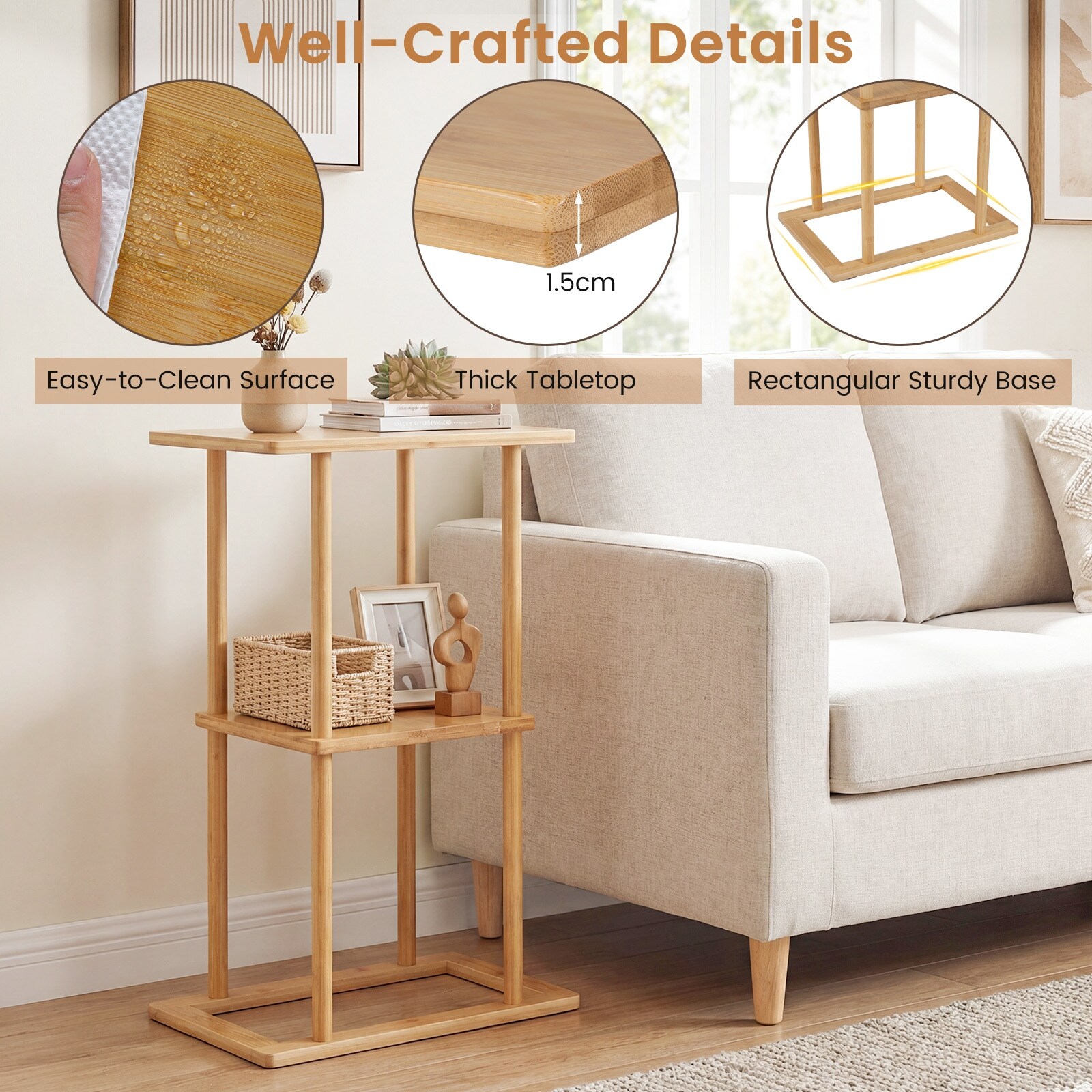 Gymax 2 Pieces Side Table w/Storage Shelves & Bamboo Construction