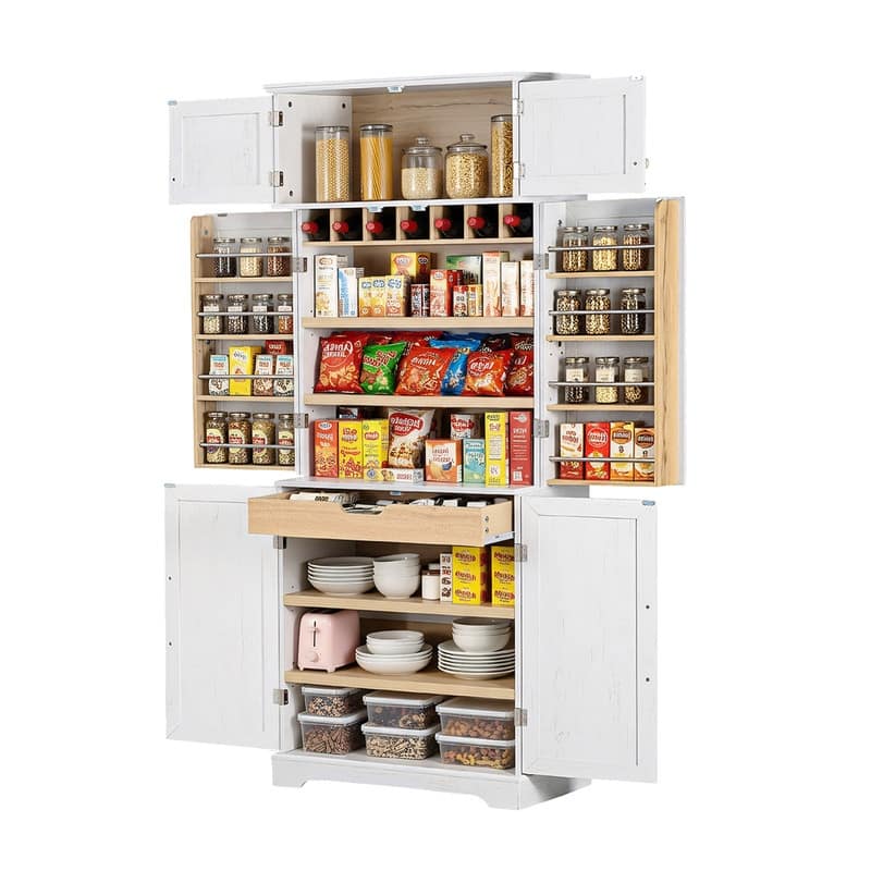 Farmhouse 78.2" Tall Kitchen Pantry Cabinet with Door Shelves, Adjustable Shelves and Hidden Drawer