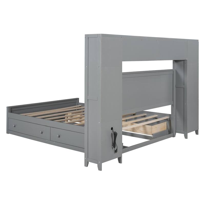 Queen Size Wooden Bed With All-in-One Cabinet, Shelf and Sockets