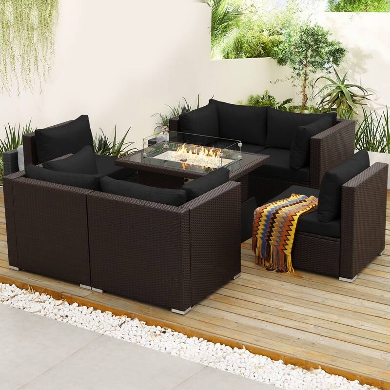 FINCATI Outdoor Wicker Patio Furniture Conversation Sectional Sofa Set - 7PCS-C - Black