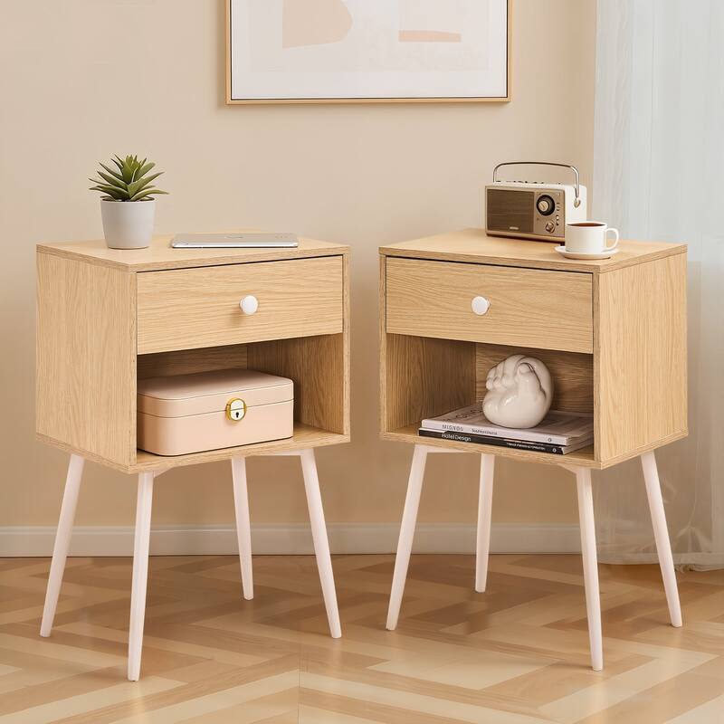 VECELO Nightstand Set of 2 Mid Century 1-Drawer Nightstand with Enclosed Open Shelf Multi-Color Options for Bedroom Living room - Oak