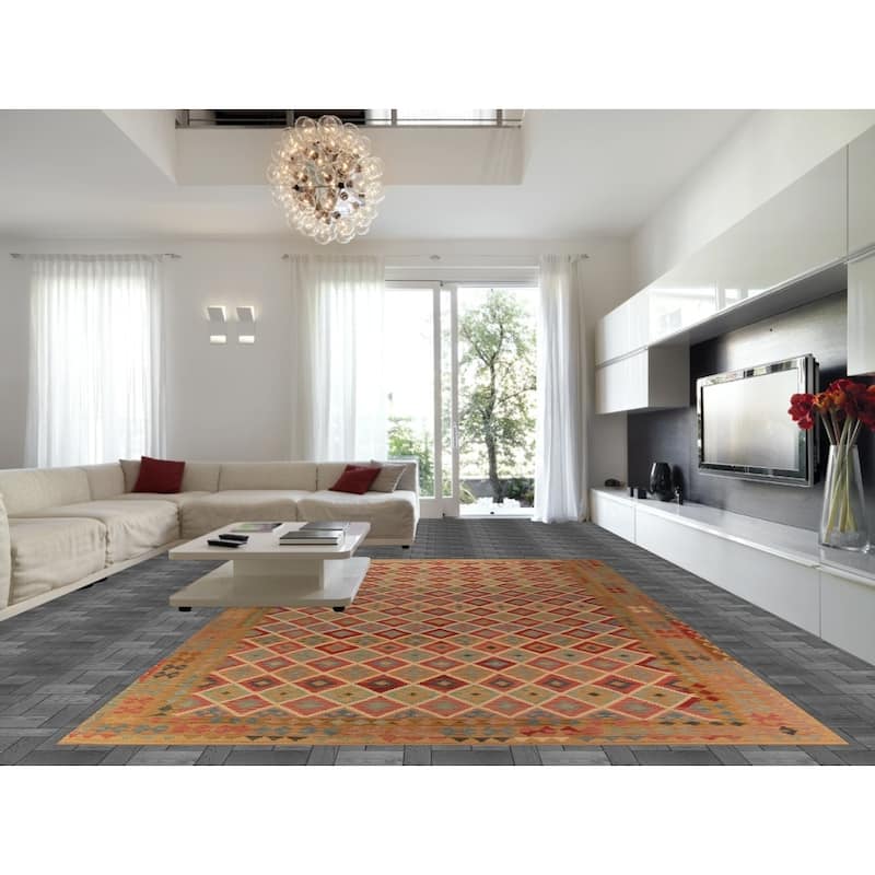 Geometric Reversible Kilim Oriental Large Rug Hand-Woven Wool Carpet - 10'3"x 16'2"