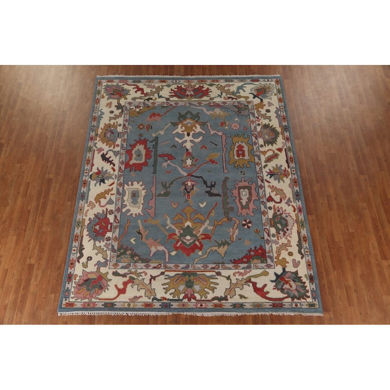 Blue Oushak Area Rug Hand-Knotted Floral Wool Carpet - 8'2" x 10'0"