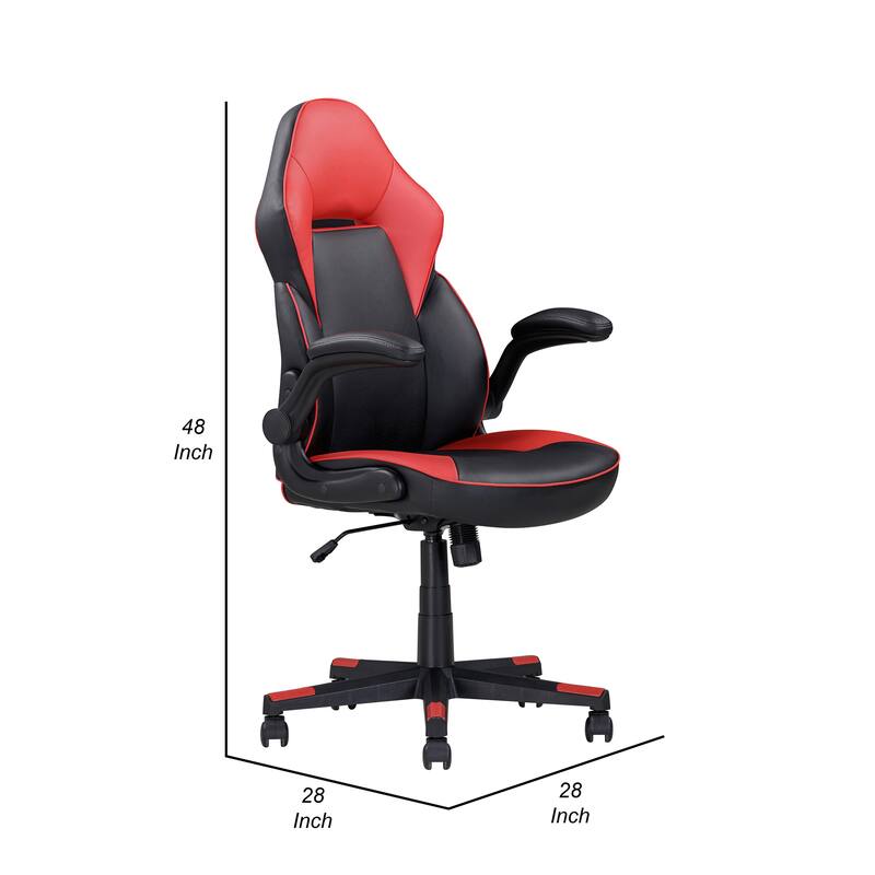 28 Inch Office Gaming Chair, 360 Degree Swivel, Black, Red Faux Leather