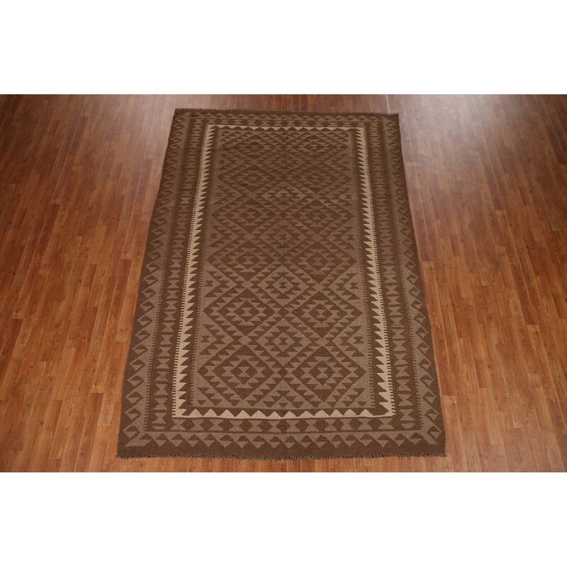 Brown Reversible Kilim Oriental Area Rug Flat-weave Wool Carpet - 6'9" x 9'10"