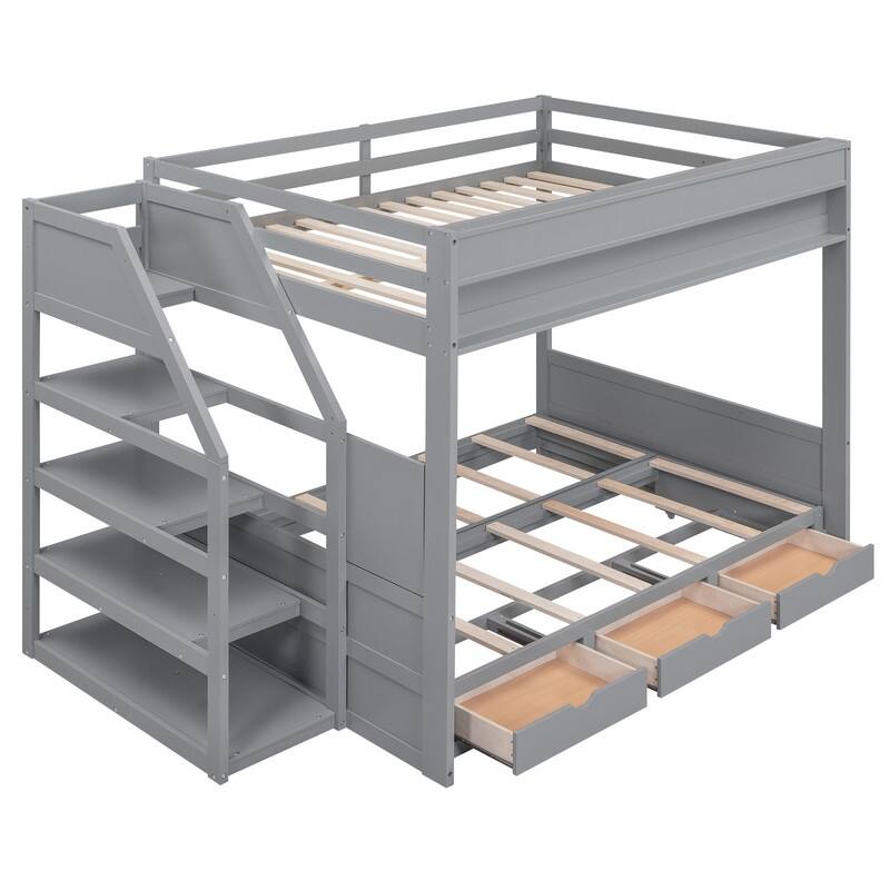 Wood Full Size Convertible Bunk Bed with Storage Staircase, Bedside Table, and 3 Drawers
